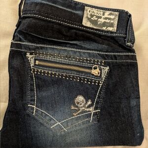 Guess Women's Navy Denim Jeans with Skull Embellishment